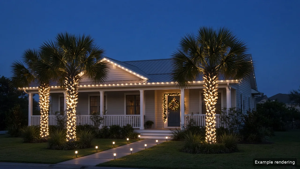 Example rendering: a Myrtle Beach-style coastal home at night with a warm-white roofline, lit palm trunks and walkway lights