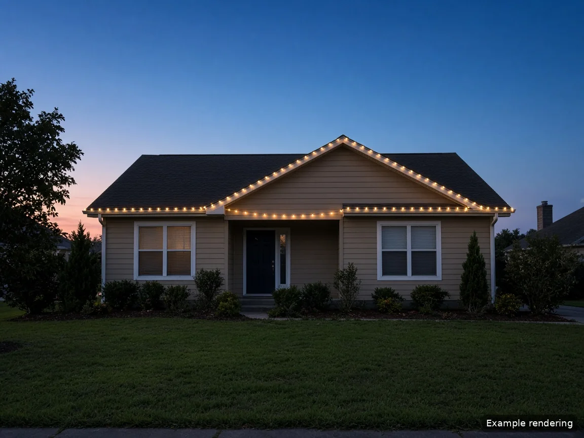 Example rendering: warm-white C9 roofline on a single-story home (Essential package)