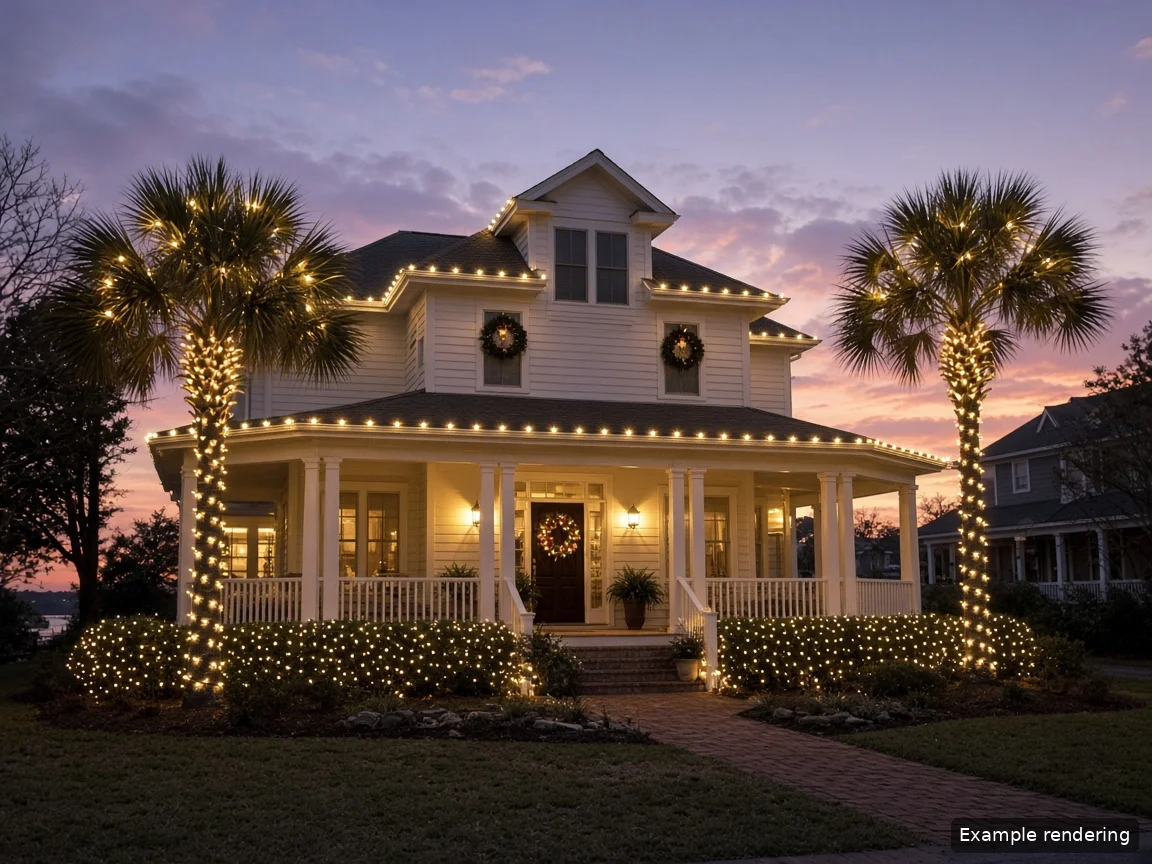 Example rendering: two-story home with roofline, wrapped palms and walkway lights (Showcase package)