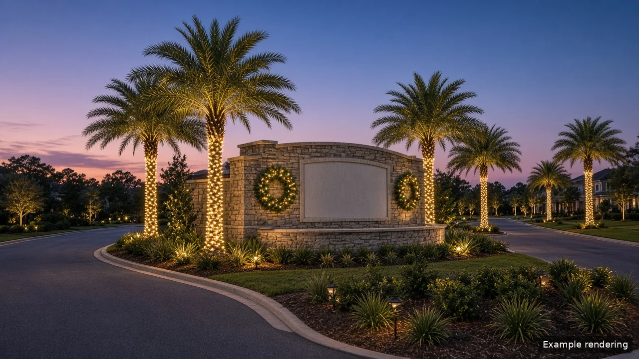Example rendering: a community entrance monument at night with sabal palms wrapped in warm-white lights and lit wreaths