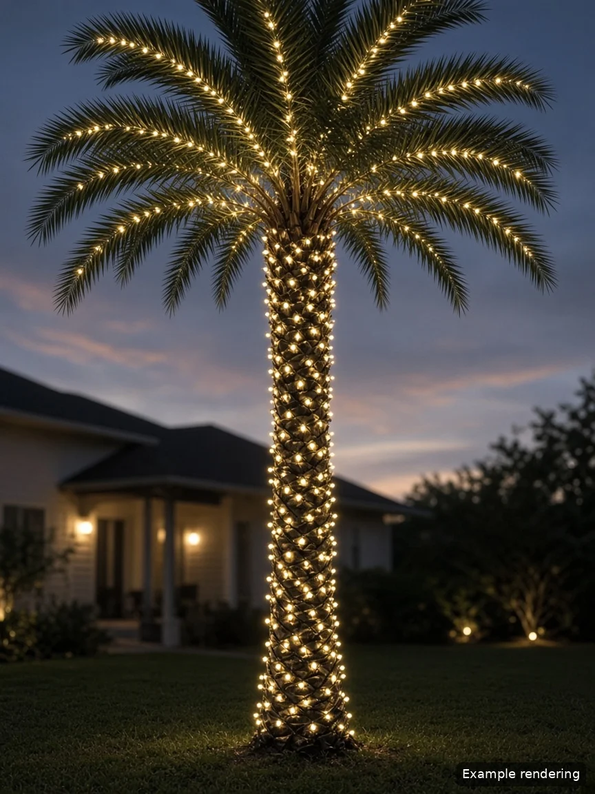 Example rendering: a sabal palm with its trunk and canopy wrapped in warm-white lights