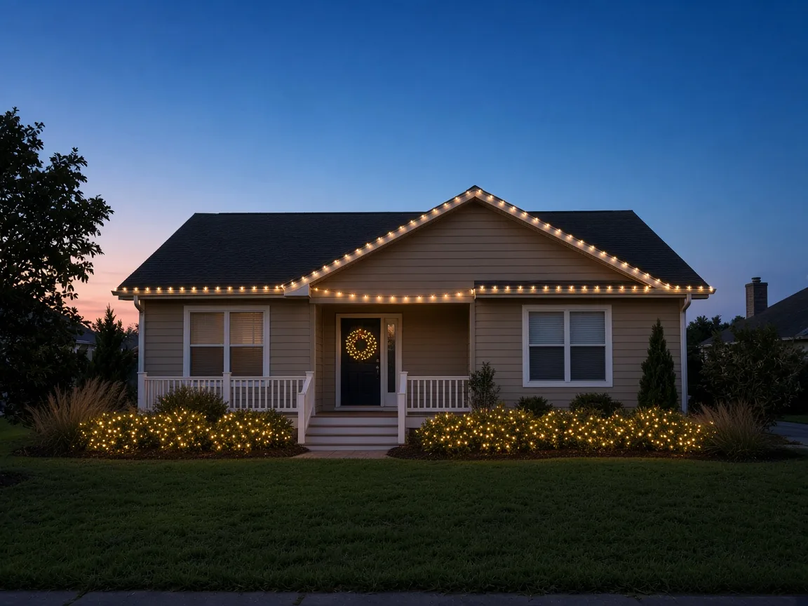 Example rendering: roofline, lit shrubs and a lit wreath (Signature package)